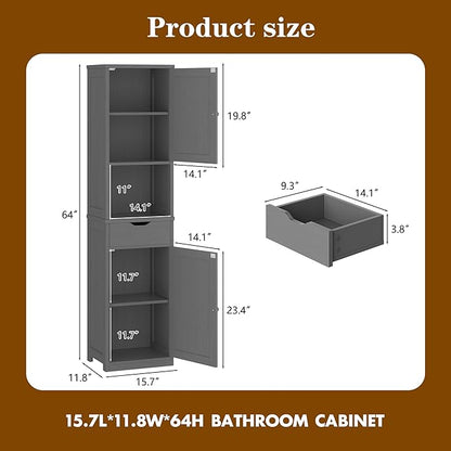 Walsunny Tall Bathroom Storage Cabinet with Freestanding Adjustable Shelves, Narrow Storage Linen Cabinet with 2 Doors and 1 Drawers for Bathroom, Living Room, Kitchen(Gray)