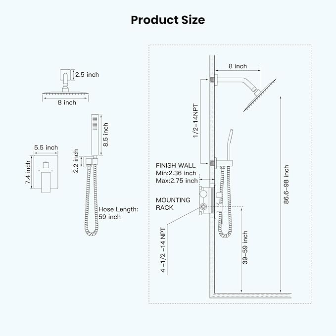 gotonovo Rainfall Bathroom Shower System Rain Shower Head and Handle Set Wall Mounted Shower Complete Combo Solid Brass Pressure Balancing Shower Mixer Valve 8 Inch Brushed Gold