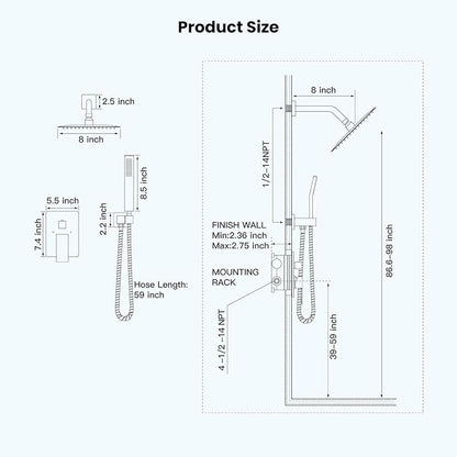 gotonovo Rainfall Bathroom Shower System Rain Shower Head and Handle Set Wall Mounted Shower Complete Combo Solid Brass Pressure Balancing Shower Mixer Valve 8 Inch Brushed Gold