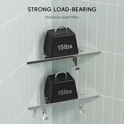 10’’ Shower Corner Shelf, Stainless Steel Shower Shelves with Razor Hole for Bathroom, Grout in Corner Shelf with Hooks for Tiled Wall 2 Pack, Polished