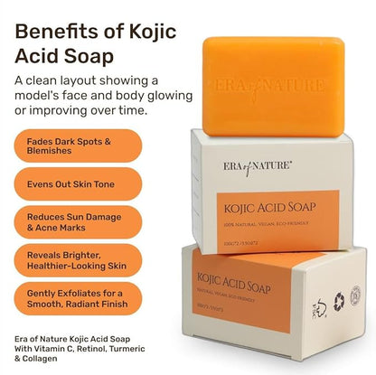 era of nature Turmeric Kojic Acid Soap with Vitamin C – Gentle Brightening Bar for Face Underarms Bikini Area and Body – Moisturizing Shea Butter – 2 Pack 200g