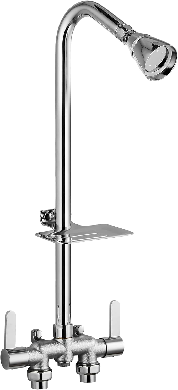Aolemi Outdoor Shower Fixtures,Outdoor Shower Kit Faucet System 3 Inch Center with Showerhead 2 Handle Exposed Shower with Brass Mix Valve Pipe Downward with Soap Dish Polish Chrome