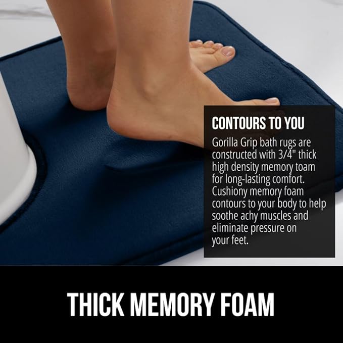 GORILLA GRIP Thick Memory Foam Toilet Rug for Bathroom, Square Shaped Washable, Soft Absorbent Velvet Topside Floor Mats, Machine Wash, Cushioned Luxury Rugs for Bath Room, 22.5x19.5 Navy Blue