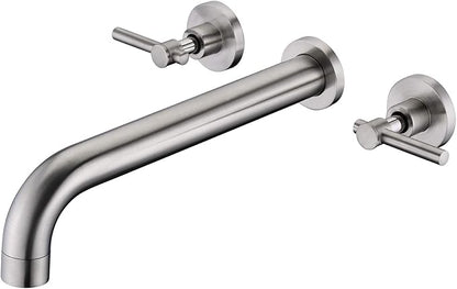 Wall Mount Tub Filler Faucet Brushed Nickel High Flow Bathtub Faucet Two Handles Solid Brass, Long Spout Reach, sumerain