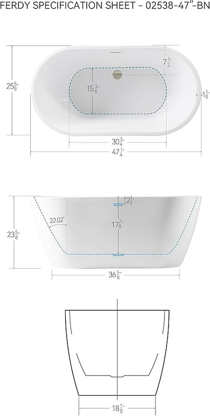 FerdY 47" Bali Acrylic Freestanding Bathtub with Headrest, Gracefully Shaped Soaking Bathtub, cUPC Certified, Toe-Tap Brushed Nickel Drain& Minimalist Linear Design Overflow& Bathtub Pillow Included