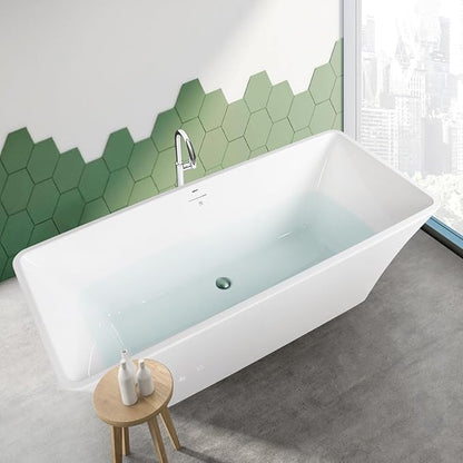 FerdY Sentosa 67" Acrylic Freestanding Bathtub, Contemporary Design Soaking Tub Easy to Install with Brushed Nickel Drain and Minimalist Linear Design Overflow, 02560
