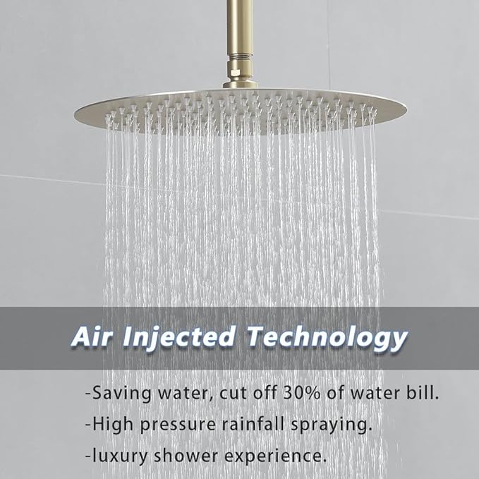 Brushed Gold Round Shower Faucet Set with Body Jets 12 Inch Shower Head Handheld Shower Combo Set High Pressure Ceiling Mount with Rough-in Valve