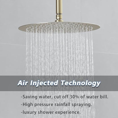 Brushed Gold Round Shower Faucet Set with Body Jets 12 Inch Shower Head Handheld Shower Combo Set High Pressure Ceiling Mount with Rough-in Valve