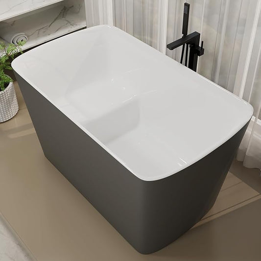 47" Lucite Acrylic Freestanding Bathtub，Square Shape Janpanese Soaking Tub with Seat Desgin,Toe-tap Chrome Right Drain, Slotted Overflow, cUPC Certified, 37° Gray