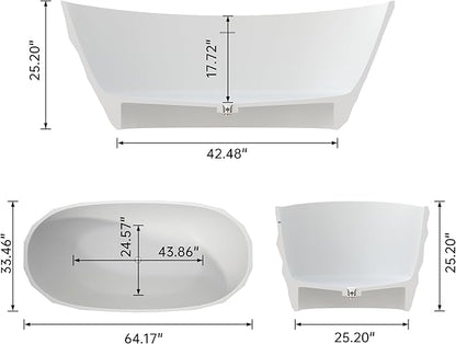 64'' Stone Resin Solid Surface Freestanding Bathtub, Modern Elegant Design Soaking Stand Alone Tub, Diamond Pattern Matte White, Drain and Overflow Included 019-1630