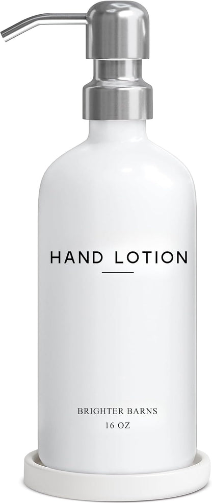 White Glass Lotion Dispenser with Pump Bathroom Set by Brighter Barns - Hand Lotion Dispenser Set with Tray - Modern Bathroom Accessories for Guest House, Hotel, Spa, Restaurant, Airbnb, Gift (White)