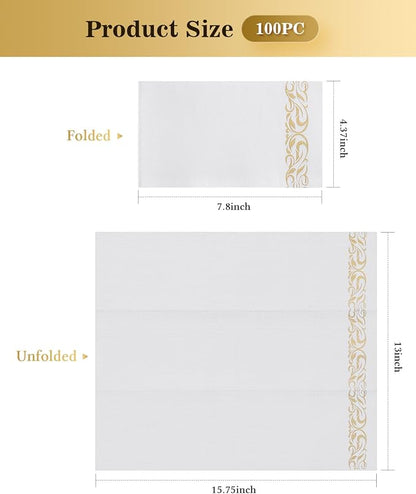 Goodluck 100 Pack 3-Ply Disposable Napkins - Soft & Absorbent Paper Hand Towels for Bathroom Guests, Dinner Party, Kitchen,Christmas， Wedding & Events, Parties - Floral Gold Trim