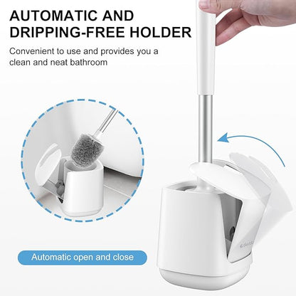 SetSail Toilet Brush, Self Closing Lid Toilet Bowl Brushes Holder and Extra Long Handle Ventilated Toilet Brush Set for Bathroom Cleaning, Nylon Bristles, Pure White