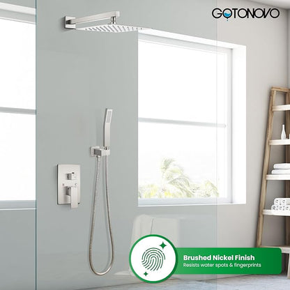gotonovo Rainfall Bathroom Shower System Rain Shower Head and Handle Set Wall Mounted Shower Complete Combo Solid Brass Pressure Balancing Shower Mixer Valve 10 Inch Brushed Nickel
