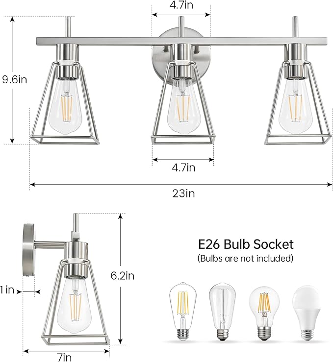 Industrial Bathroom Vanity Lights: 3-Lights Silver Brushed Nickel Vintage Metal Cage Wall Lamp - Rustic Farmhouse Light Fixture Over Mirrors Cabinet for Bath Hallway