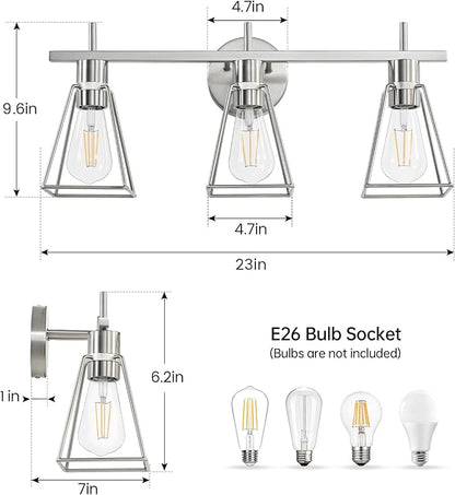 Industrial Bathroom Vanity Lights: 3-Lights Silver Brushed Nickel Vintage Metal Cage Wall Lamp - Rustic Farmhouse Light Fixture Over Mirrors Cabinet for Bath Hallway