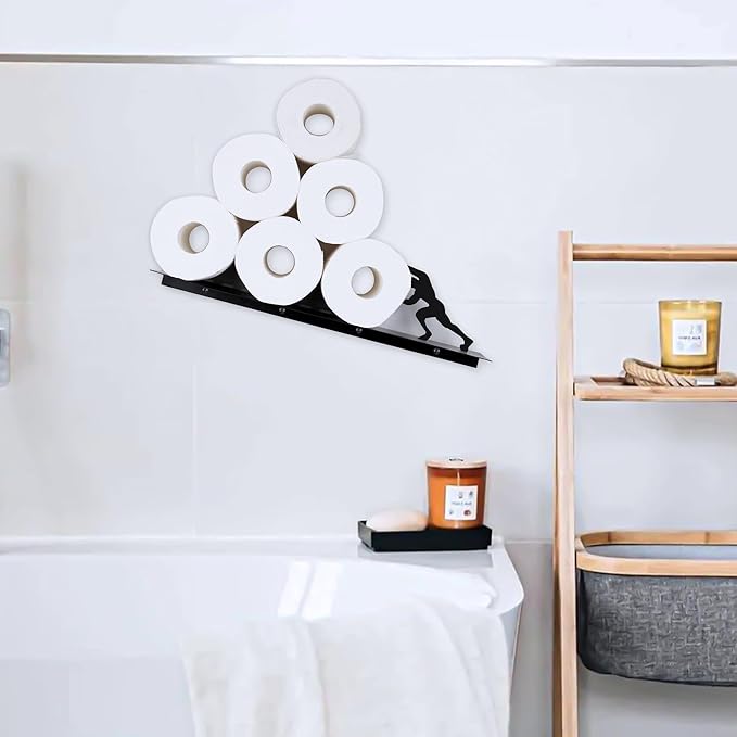 Multifunctional Wall-Mounted Toilet Paper Holder Shelf – Heavy-Duty Metal Bathroom Storage & Decorative Art – Towel Rack, Tissue Organizer & Plant Display (Black)