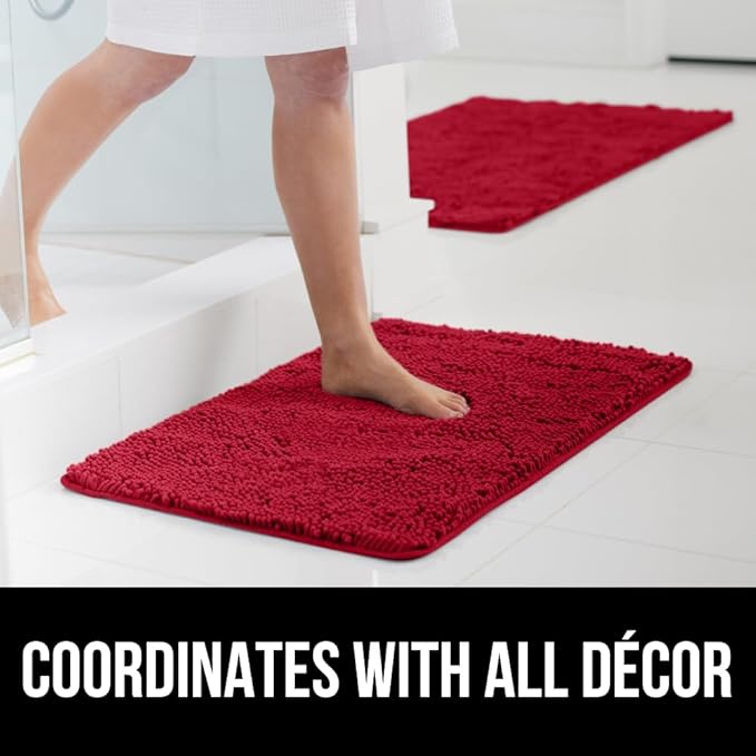 GORILLA GRIP Bath Rug Mat, Thick Soft Absorbent Chenille, Quick Dry Microfiber Mats, Rubber Backing Washable Shower Floor Rugs, Bathmat Runner, US Designed Bathroom Home Decor Accessories 24x17, Red