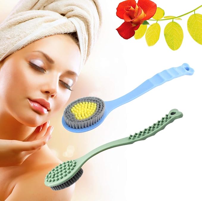 QiCheng&LYS Bath Brush with Long Handle, Handheld Body Massage Brush Shower Back Scrubber-14inch (Blue)