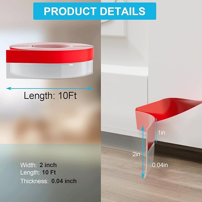 10FT Weather Stripping Door Seal - 2" Silicone Door Draft Seal Tape for Gaps Under Door Weatherstripping Sweep Stopper for Bottom of Shower Door/Sliding Glass Door