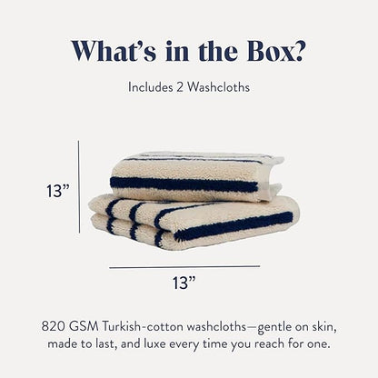 Brooklinen Super-Plush Turkish Cotton Washcloths - Set of 2 - Cotton, 820 GSM, Highly Absorbent, Machine Washable, Perfect for Home & Bathroom (13" x 13", Striped Navy)