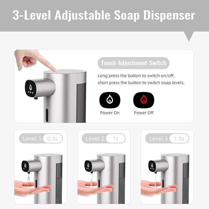 Automatic Liquid Soap Dispenser Touchless, USB Rechargeable Smart Hand Soap Dispenser, 13.5oz/400ml, 3-Level Adjustable, Compatible with Thick Thin Dish Soap for Bathroom Kitchen, Clog-Free, Silver