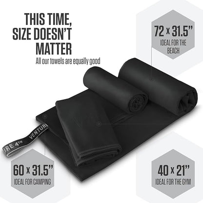 VENTURE 4TH Quick Dry Towel. Microfiber Travel Towel Ideal for Camping, Hiking, Backpacking, Gym. Lightweight & Fast Drying Travel Towels for Body. Compact & Easy to Pack - Black Extra Large