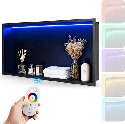 24" X 12" RGB LED Shower Niche No Tile Needed, 304 Stainless Steel Shower Niche Insert Tile Ready, Recessed Wall Shelf for Bathroom Storage Organizer with Remote Control, Matte Black