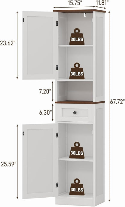 67" H Tall Bathroom Cabinet, Narrow Storage Cabinet with 2 Barn Doors and 1 Drawer, Freestanding Floor Cabinets with 5 Shelves and Open Storage Shelf for Bathroom, Living Room, Kitchen, White