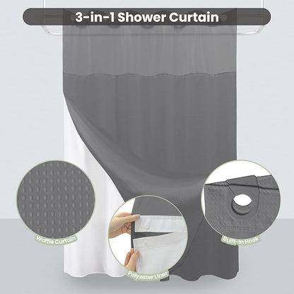 Inhousolu Extra Long No Hook Shower Curtain with Snap in Fabric Liner Set Waffle Weave 230GSM Weighted Hem, Waterproof & Washable Bathroom Curtain Spa Luxury with Mesh Top Window 72" W x 84" L Grey