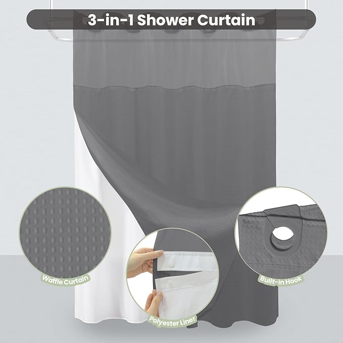 Inhousolu Stall No Hook Shower Curtain with Snap in Fabric Liner Set Waffle Weave 230GSM Weighted Hem, Waterproof & Washable Bathroom Curtain Spa Luxury with Mesh Top Window 36" W x 72" L Grey