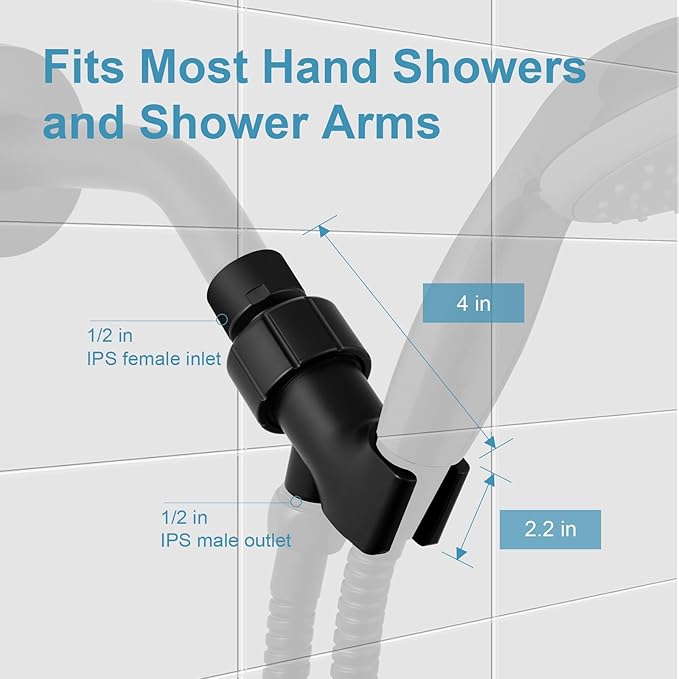 OFFO Shower Head Holder with Solid Metal Ball for Handheld Shower Head, Adjustable Shower Arm Mount for Connecting Shower Arm and Shower Hose, 1/2 in IPS Female Inlet and Male Outlet, Matte Black