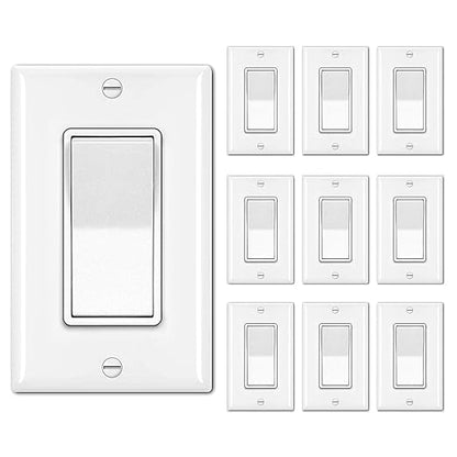 BESTTEN 10 Pack Single Pole Decorator Light Switch with Wallplate, 15A 120/277V, Rocker Paddle Wall Switch, On/Off Interrupter for LED and Other Lamps