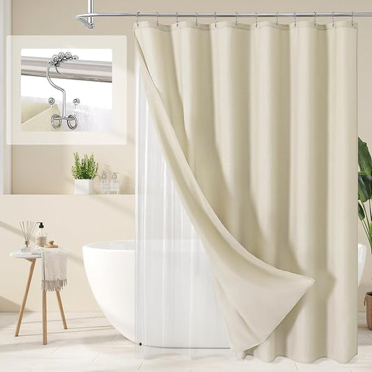 MitoVilla 3 in 1 Shower Curtain Set, Neutral Boho Farmhouse Linen Textured Bath Curtain and Clear PEVA Liner Set with 12 Double Sided Steel Hooks, Waterproof Fabric Hotel Bathroom Curtain - 72x72