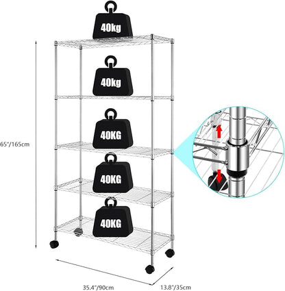 5 Tier Storage Racks Shelving, Heavy Steel Pantry Shelves, Adjustable Wire Shelving Rack with Wheels, Suitable for Garage, Kitchen, Bathroom, Office, 35" W x 14" D x 65" H, Chrome