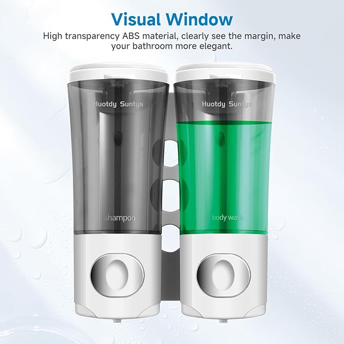 Shampoo and Conditioner Dispenser No Drill Shower Soap Dispenser Wall Mounted Shower Dispenser 2 Chamber with Upgrade Smooth Pump Head Bathroom Body Wash Soap Dispenser Set 450ml*2 White