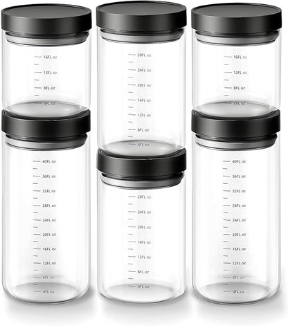 Danbark Set of 6 Mixed Sizes Airtight Glass Storage Canisters with Lids - Pantry Organizers and Storage Glass for Kitchen - for Pantry, Flour, Sugar, Coffee, Tea, Pasta, Rice, and Snacks - Black