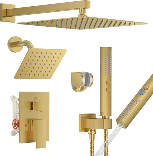 Shower Faucet Set, Wall Mounted Rainfall Shower System 12"+ 6" Dual Shower Head Sets with 2 in 1 Handheld Spray with Rough-in Valve and Shower Trim Kit, Brushed Gold