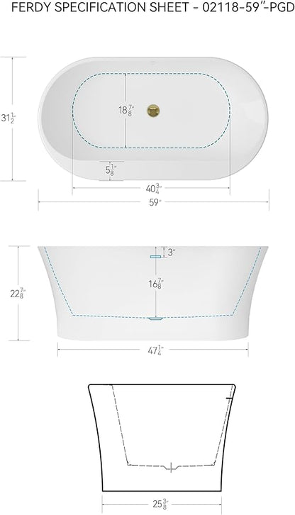 FerdY Mauritius 59" Acrylic Freestanding Tub, Oval Contemporary Soaker Tub, Extra Deep Bathtub, Polished Gold Drainage and Minimalist Linear Design Overflow, Modern White, cUPC Certified