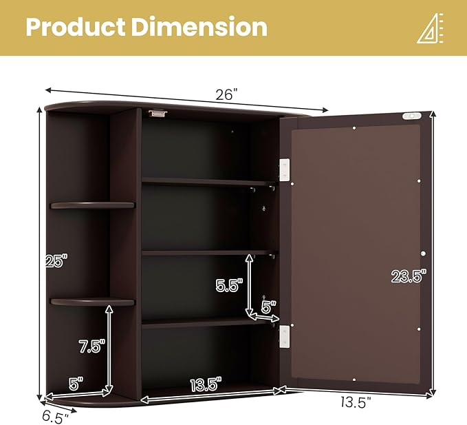 RELAX4LIFE Bathroom Wall Cabinet with Mirror - Medicine Cabinet w/Door, 6 Open Shelves & Adjustable Shelves, Over The Toilet Storage Cabinet Organizer, Mirrored Bathroom Cabinet Wall Mount (Brown)
