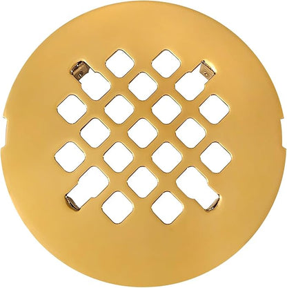 4 ¼” Polished Gold Snap-in Shower Drain Cover - Polished Brass Replacement - 4.25" OD Shower Drain Strainer - Easy Install - Premium Round Shower Drain Cover - Solid Brass Construction