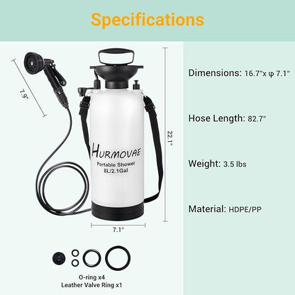 2.1 Gallon/8L Portable Shower–10 Spray Modes, Nylon Insulated Sleeve & No Electric Needed, Beach Shower for Surfing, Travel & Hiking, Portable Water Sprayer, White