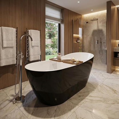 59" Freestanding Acrylic Bathtub, Deep Soaking Tub with Non-Slip Base & Chrome Drain, cUPC Certified, Black Upturned