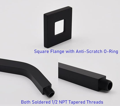 Aquaiaw Square Shower Arm and O-Ring Flange, 6 inch, Solid Brass, Both Soldered 1/2 NPT Tapered Threads, Matte Black Wall Mount Shower Arm Extension with Escutcheon, for Rainfall Shower Head Max. 10"