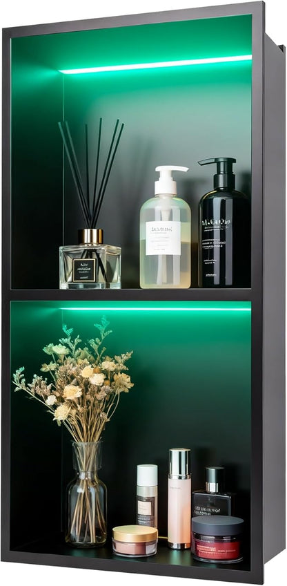 WICHEMI Stainless Steel Shower Niche 12" X 24", No Tile Needed Wall Niche with RGB Light, Recessed Shower Shelf for Bathroom Storage Over Mount Installation, Matte Black