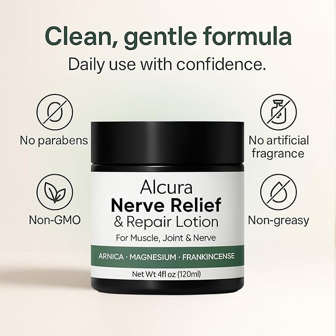 Alcura Nerve Cream, Alcura Neuropathy Lotion with Arnica, Magnesium for Body, Joint, Knee, Lumbar, Neck, Hand and Feet – 4 fl oz (1)
