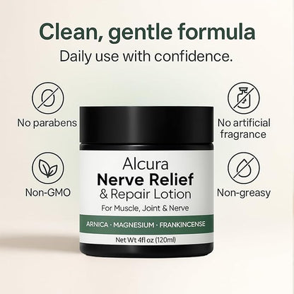 Alcura Nerve Cream, Alcura Neuropathy Lotion with Arnica, Magnesium for Body, Joint, Knee, Lumbar, Neck, Hand and Feet – 4 fl oz (1)