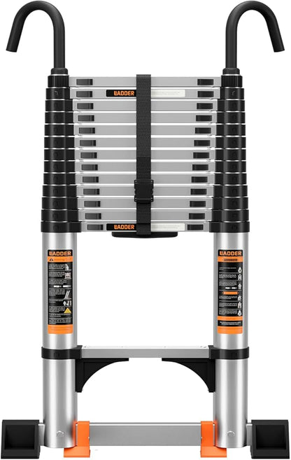 Telescoping Ladder,12.5FT Aluminum Multi-Purpose Collapsible Ladder with Stabilizers and Hooks,Jiashche Portable Extension Ladder for RV or Outdoor Work Silver,330lb Max Capacity