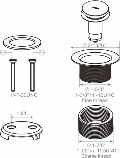 Chrome Tub Drain Tip-Toe Tub Trim Set Conversion Kit Assembly, Hidrop Bathtub Drain Replacement Trim Kit with 2-Hole Overflow Faceplate and Universal Fine/Coarse Thread, Chrome