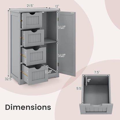 Tangkula Bathroom Floor Cabinet, Freestanding Storage Cabinet with 4 Drawers & Single Door, Adjustable Shelf, Multipurpose Bathroom Storage for Home Office, 21.5 x 12 x 32.5 Inches (Grey)